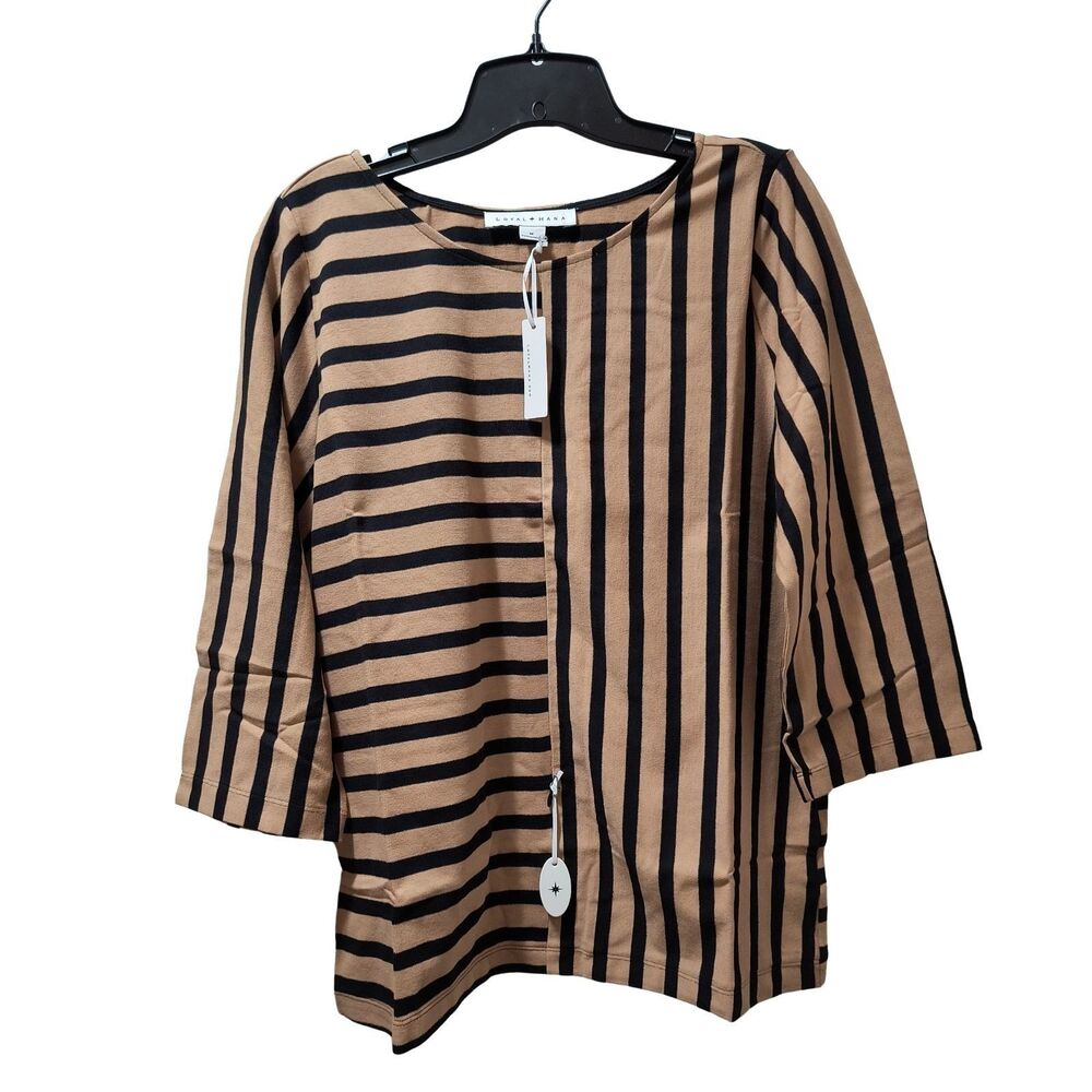 Loyal Hana Tory Maternity Nursing Top Medium Taupe Black Stripes Cotton NWT